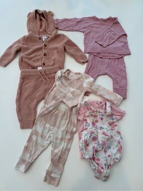 Pink Bundle 6 months- Knit Hoodie set, pants sets, Floral Romper